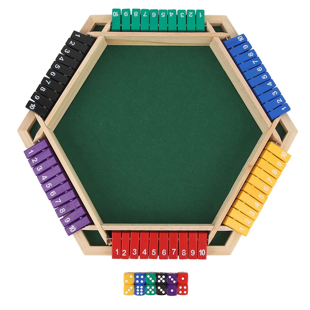 Dice Board Game, 6 Player 6 Color Sided Basswood Tabletop Shut The Box Math Game with 12 Dice