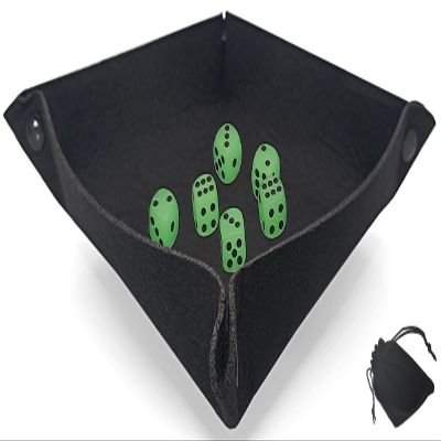 Cyber-Deals Dice Rolling Tray Portable Folding Black Felt Mat + (6) Pip Dot Dice with Velvet Pouch Bundle Set (16mm Glow, Rounded)