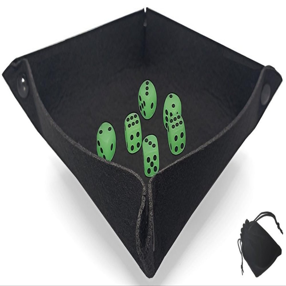Cyber-Deals Dice Rolling Tray Portable Folding Black Felt Mat + (6) Pip Dot Dice with Velvet Pouch Bundle Set (16mm Glow, Rounded)