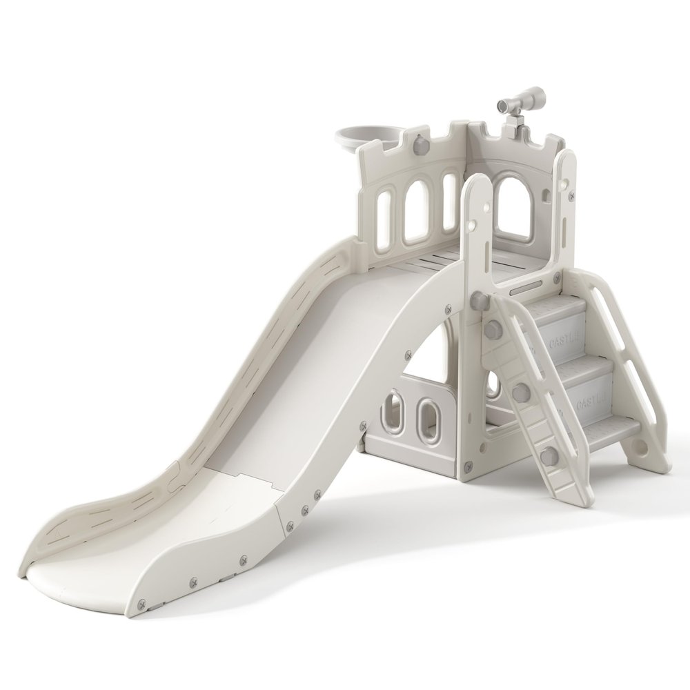 5 in 1 Toddler Slide, Extra-Long Kids Slide for Toddlers Age 1+ with Basketball Hoop and Ball, Storage Space, Indoor Outdoor Slide Playset Toddler Playground Climber Playset, Grey