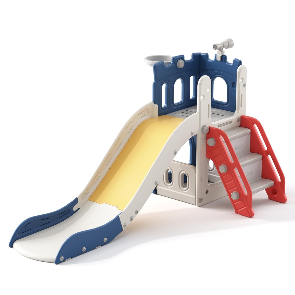 5 in 1 Toddler Slide, Extra-Long Kids Slide for Toddlers Age 1+ with Basketball Hoop and Ball, Storage Space, Indoor Outdoor Slide Playset Toddler Playground Climber Playset, Colourful