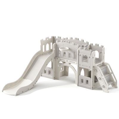 8 in 1 Toddler Slide, Castle-Themed Indoor Outdoor Playground for Toddlers Age 1+ with Extra-Long Slide, Basketball Hoop and Ball, Telescope, Tunnel, Storage Space, Baby Climber Playset, Grey