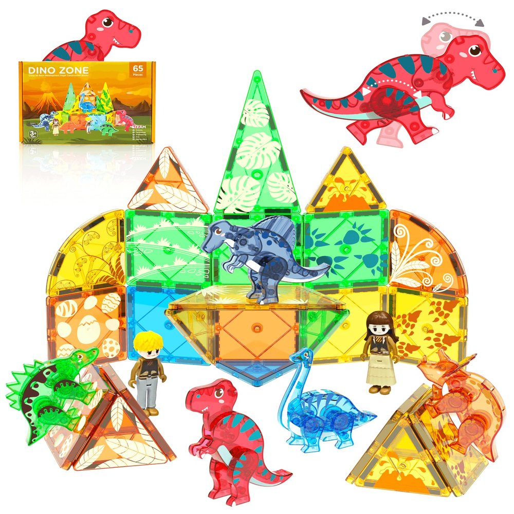 Asago Magnetic Tiles Dinosaurs Magnet Building Blocks Toys for Kids Ages 3-5 4-8 8-12 Creative Animals Educational Stack Tile Construction for Boys Girls Toddlers 5-7 Year Old to STEM Learning