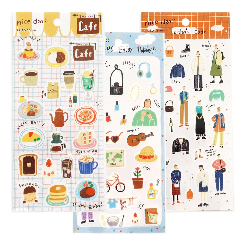 Kamiso Sansho 78002023 SAIEN Tomatomayu Nice Day Stickers, Set of 3 Patterns (Caf, Holiday, Today's Code), Made in Japan, Approx. 6.9 x 3.5 inches (17.5 x 9 cm)