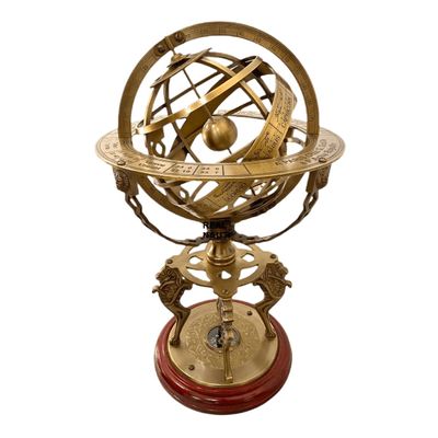 Armillary Sphere Globe Nautical Compass Armillary on Wooden Base-Four Lion Armillary for Table Decoration Antique Brass Engraved