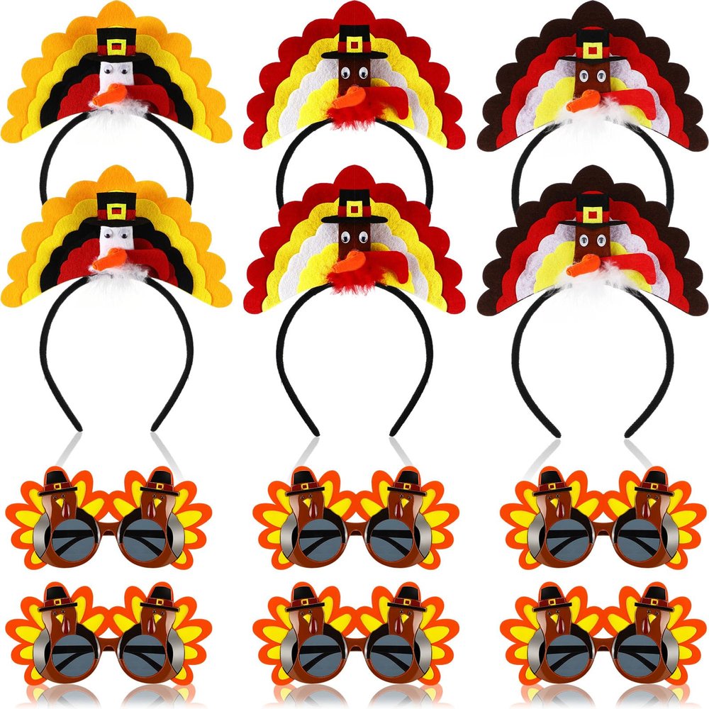 Xuhal 12 Pcs Thanksgiving Turkey Headbands and Sunglasses Thanksgiving Turkey Costume Accessories for Thanksgiving Day Party Favors Accessories Funny Creative Decoration