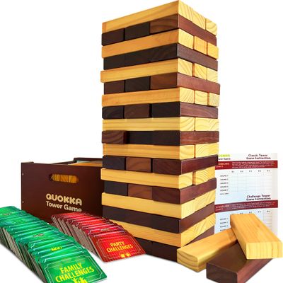 QUOKKA Premier Jumbo Tumble Tower Game - Block Stacking Game for Family - 2.8 Ft | 54 Blocks with Fun Challenges | Water Weather Resistant - Big Wooden Game for Yard