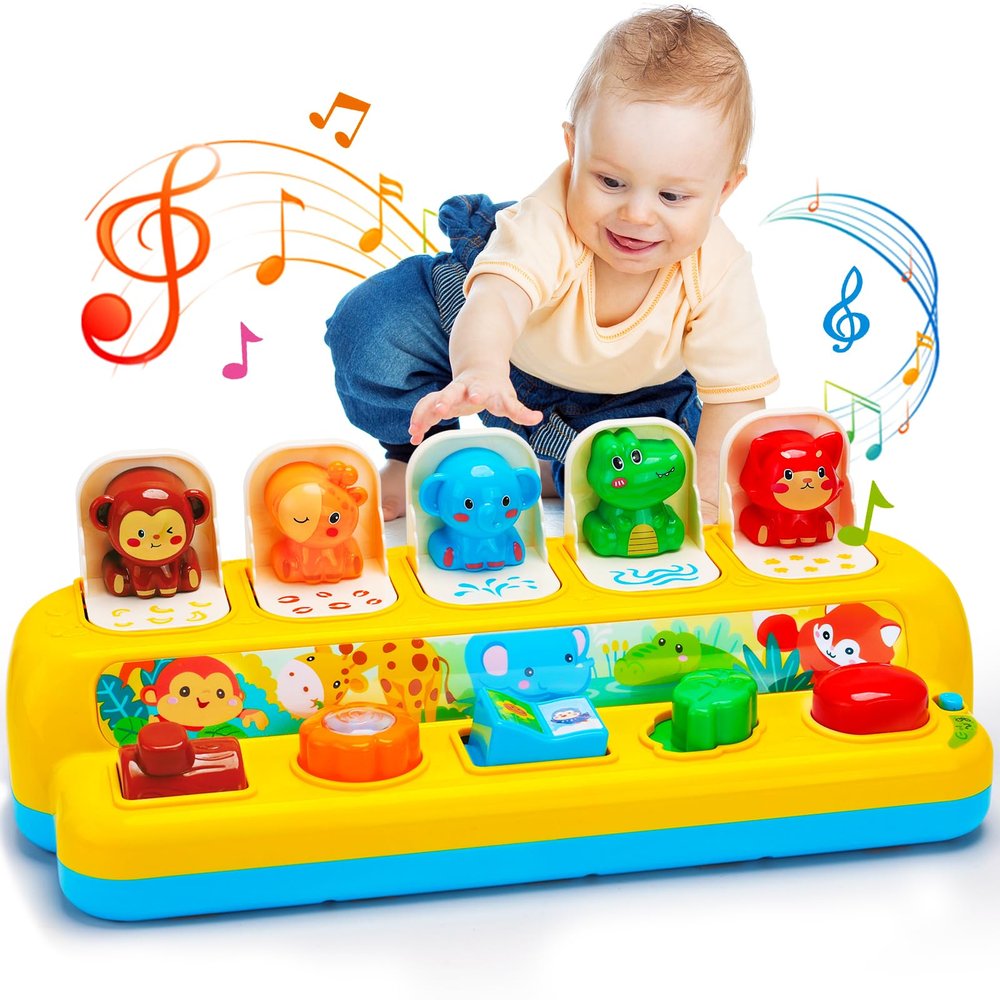 Interactive Pop up Animal Toys with Music & Light, Montessori Cause and Effect Toys for 1 Year Old Boy Girl Early Learning Musical Baby Toy 9-12-18 Months STEM Toddler Toy Age 1-2 Gift for Infant