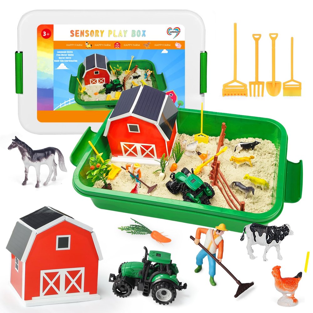 Carolart Farm Sensory BinFarm Animals Sand Kit with Sensory SandBarn Sandbox with TractorSensory Play Sand Set for Kids 3 4 5 6 7