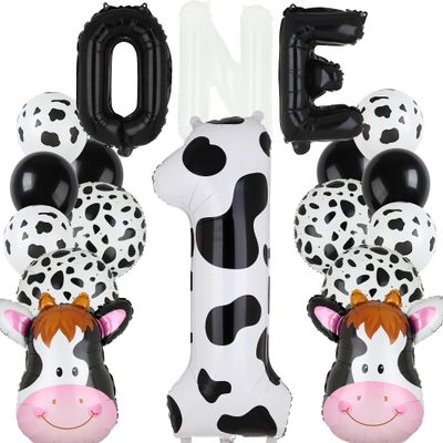 Cow Print Number Balloon 1 Letter Banner - 40 Inch Baby 1st Birthday Barnyard Cowgirl Western Theme Farm Animal Moo Moo I'm One Year Old Party Decor Supplies 18 Pcs Kit