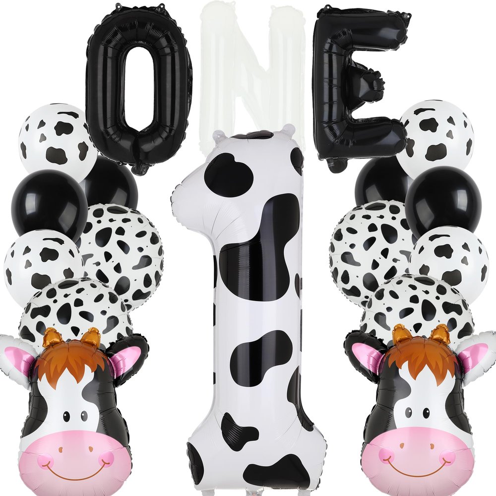 Cow Print Number Balloon 1 Letter Banner - 40 Inch Baby 1st Birthday Barnyard Cowgirl Western Theme Farm Animal Moo Moo I'm One Year Old Party Decor Supplies 18 Pcs Kit