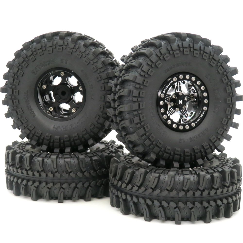 HOBBYSOUL Height 121mm 1.9 Tires and Wheels Rims Black, 1.9 Beadlock Wheels and Tires for 1/10 Mud Crawler Axial SCX10 Traxxas TRX-4 Redcat Gen8 Tamiay CC01, (4-Pack, Assembled)