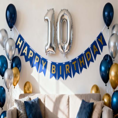 10th Birthday Party Decoration for Boys, Birthday Banner Number 10 Balloons Metallic Silver Blue Gold Latex Balloon for Boys Him Son Double Digits 10 Years Old Party Decoration Supplies(10th)