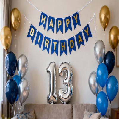 13th Birthday Party Decoration for Boys, Birthday Banner Blue Number 13 Balloons Metallic Silver Blue Gold Latex Balloon for Boys Him Son Official Teenager 13 Years Old Party Decorations (13th)