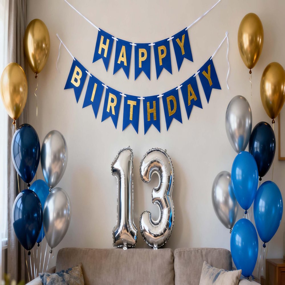 13th Birthday Party Decoration for Boys, Birthday Banner Blue Number 13 Balloons Metallic Silver Blue Gold Latex Balloon for Boys Him Son Official Teenager 13 Years Old Party Decorations (13th)