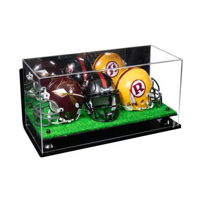 Better Display Cases Acrylic Three Mini - Miniature Football Helmets (not Full Size) Display Case with Mirror Case, Black Risers, Turf Base and Wall Mount 19.25" x 8.25" x 8" (V47/A103)
