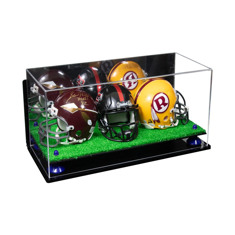 Better Display Cases Acrylic Three Mini - Miniature Football Helmets (not Full Size) Display Case with Mirror Case, Dark Blue Risers, Turf Base and Wall Mount 19.25" x 8.25" x 8" (V47/A103)