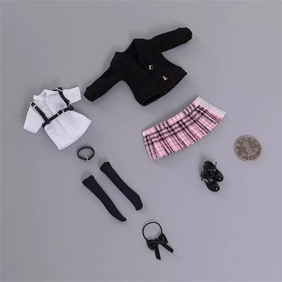 1/12 Scale Female Clothes,Female Student Shirt Pleated Skirt Coat Shoes Costume Outfit Clothing for 6inch PH TBL JO Female Action Figure Body (Short Sleeved Shirt Ver. D)
