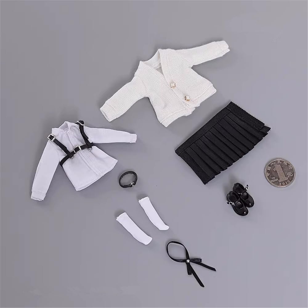1/12 Scale Female Clothes,Female Student Shirt Pleated Skirt Coat Shoes Costume Outfit Clothing for 6inch PH TBL JO Female Action Figure Body (Long Sleeved Shirt Ver. B)