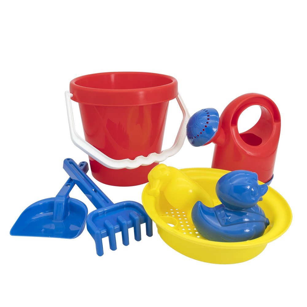 Idena 40239 Sand Toy Set 7 Pieces with Bucket, Watering Can, Sieve, 2 Moulds, Rake and Small Shovel, Various Colours