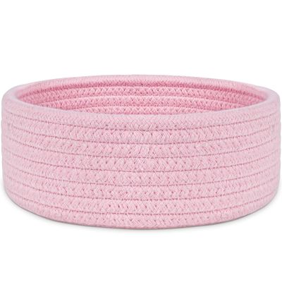 ABenkle Small Woven Basket, Empty Tiny Shallow Storage Baskets, Mini Cotton Rope Baskets, Round Decorative Hamper, Basket Storage Bins for Toys, Spa, Socks, Nursery, Living Room- Pink