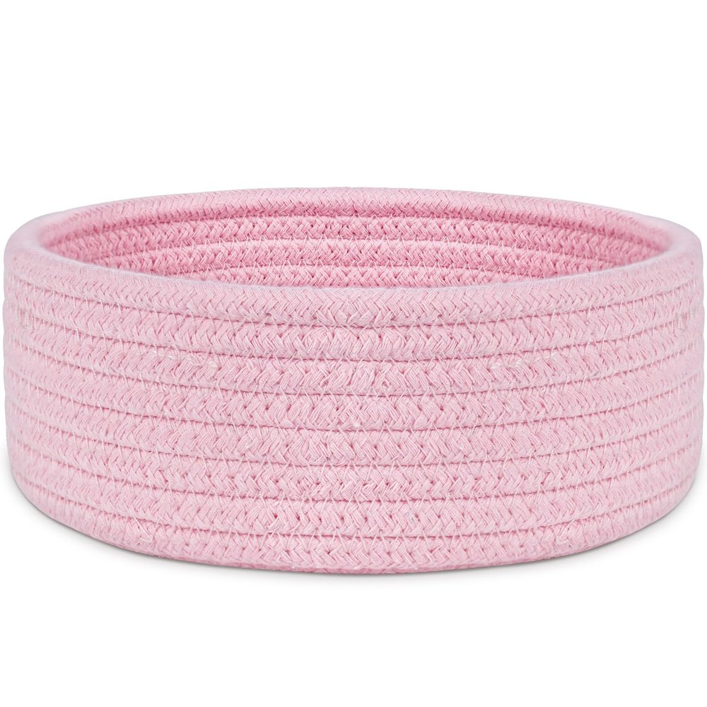ABenkle Small Woven Basket, Empty Tiny Shallow Storage Baskets, Mini Cotton Rope Baskets, Round Decorative Hamper, Basket Storage Bins for Toys, Spa, Socks, Nursery, Living Room- Pink