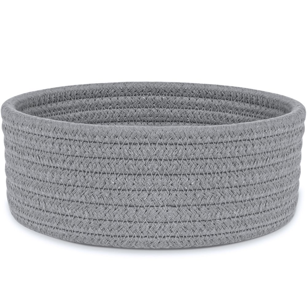 ABenkle Small Woven Basket, Empty Tiny Shallow Storage Basket, Mini Cotton Rope Baskets, Round Decorative Hamper, Basket Storage Bins for Toys, Spa, Socks, Nursery, Living Room- Grey