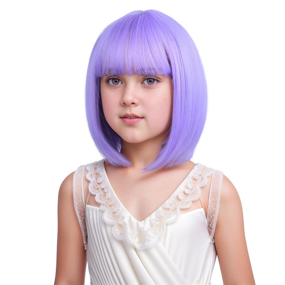 DUDUWIG Purple Bob Wig Bob Lavender Wigs Short Straight Wig Purple Bob Wigs with Bangs Hairnet Include (Small Size)