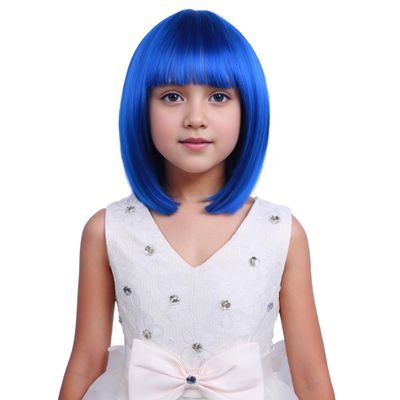 DUDUWIG Girls Blue Bob Wig with Bangs for Kids - Short Straight Blue Wig with Hairnet Include