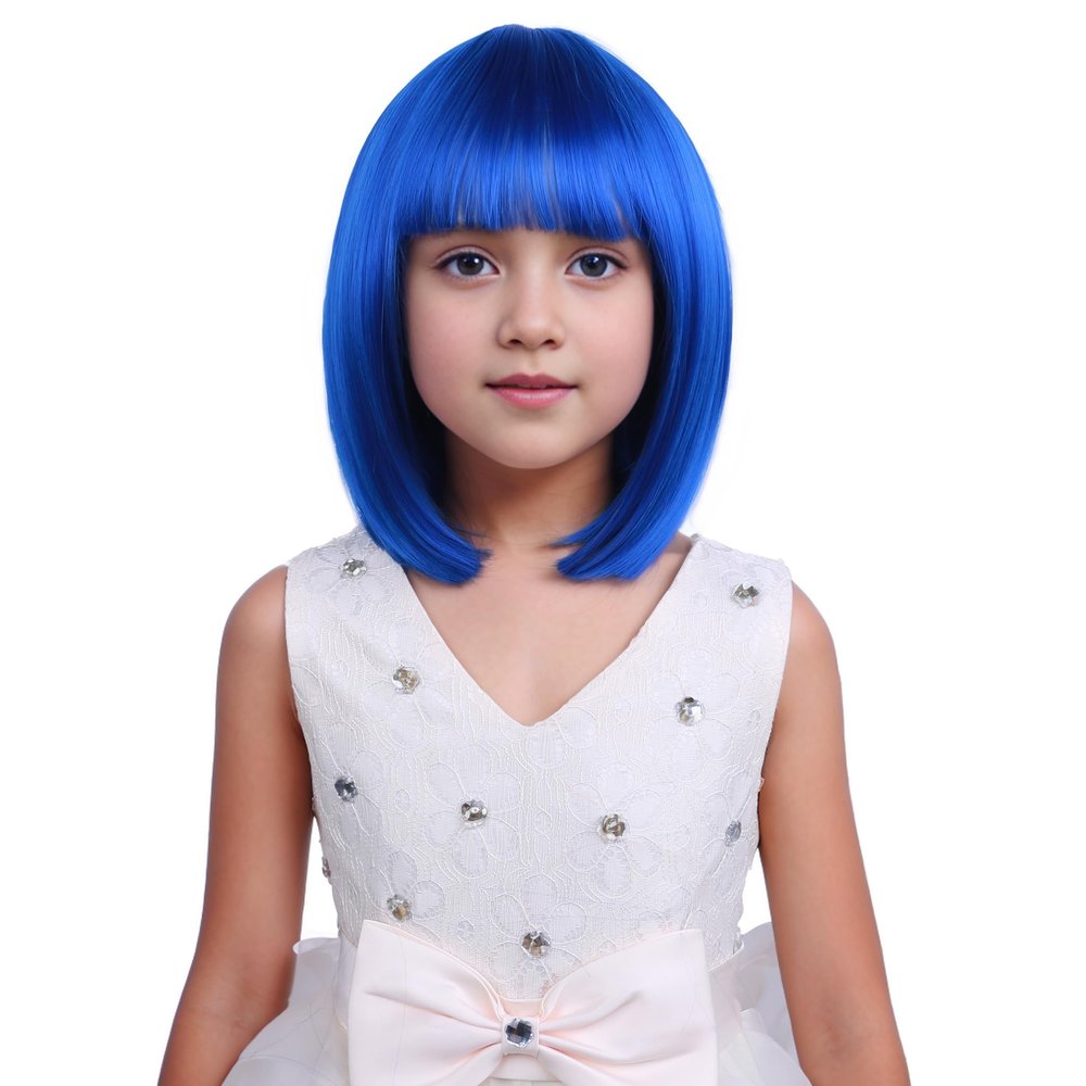 DUDUWIG Girls Blue Bob Wig with Bangs for Kids - Short Straight Blue Wig with Hairnet Include