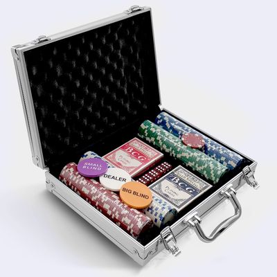 SereneLife Poker Chip Set for Texas Holdem, Blackjack Gambling- 11.5 Gram Casino Chips Set w/Aluminum Case, Playing Cards, Button, Dice- 200 PCS (Silver)