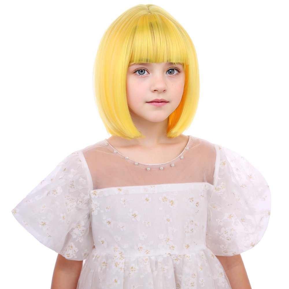 DUDUWIG Yellow Wig Short Straight Yellow Bob Wig with Bangs Hairnet Include (Small Size)