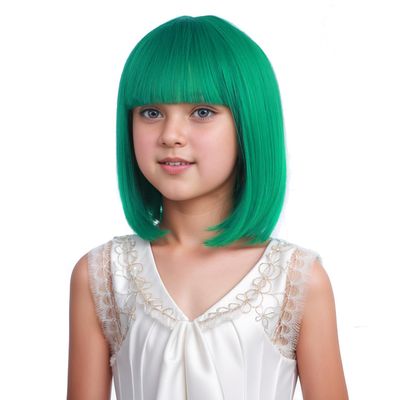 DUDUWIG Girls Green Bob Wig Child Bob Wig Green Wigs Short Straight Wig with Bangs for Kids Hairnet Include