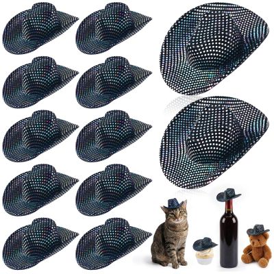 Sotiff 12 Pcs Mini Cowboy Hat Tiny Disco Glitter Hats for Crafts Little Miniature Western Hats for Doll Dessert Pet Gifts(Black)