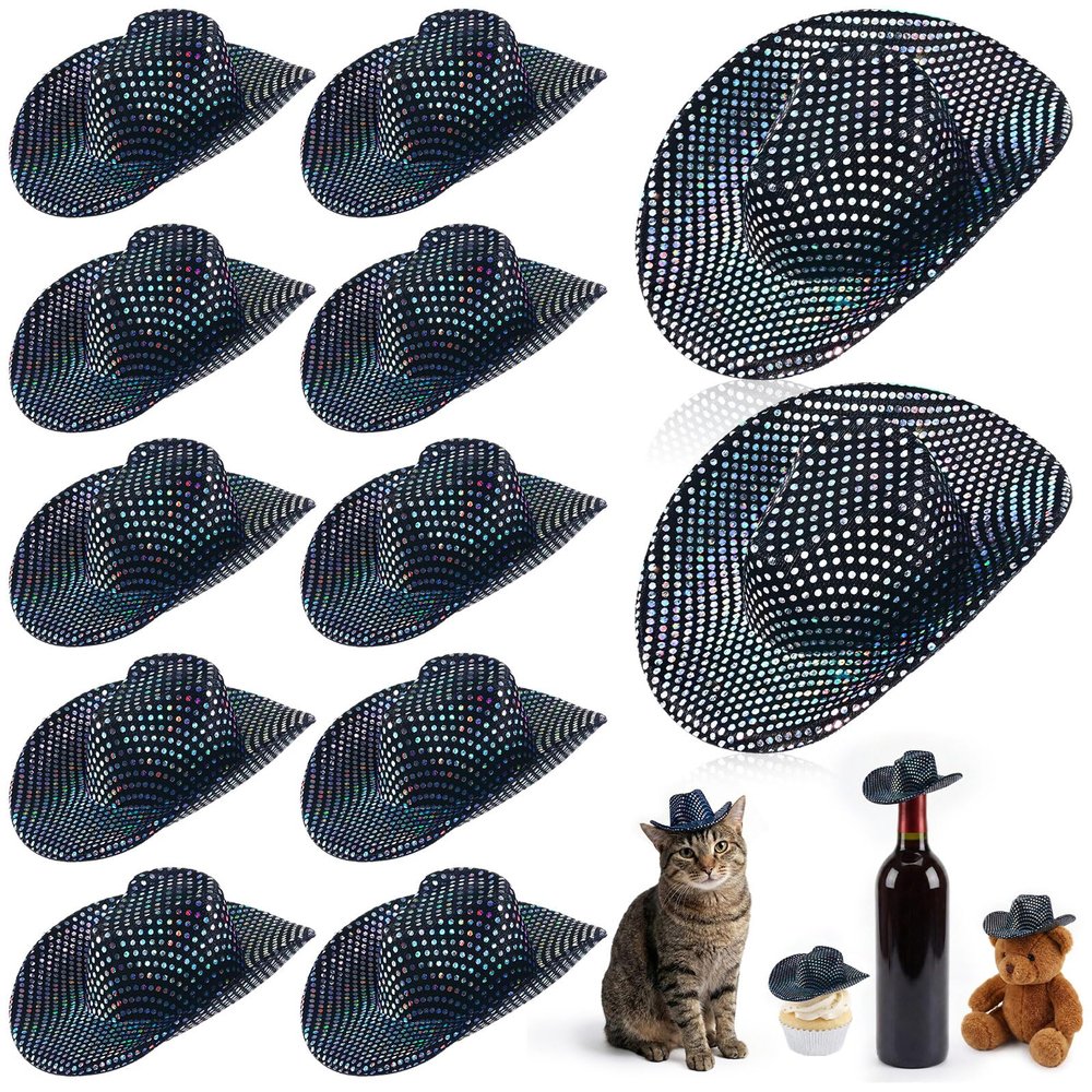 Sotiff 12 Pcs Mini Cowboy Hat Tiny Disco Glitter Hats for Crafts Little Miniature Western Hats for Doll Dessert Pet Gifts(Black)