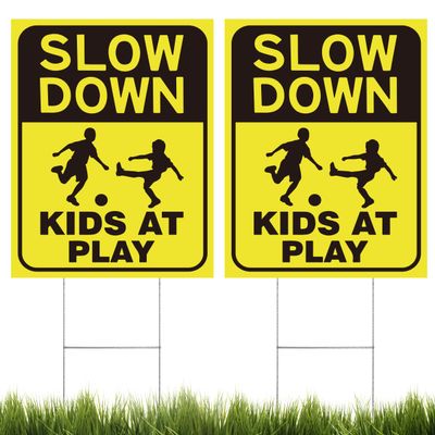 2 Pack Kids at Play Signs for Street with Metal Stake, Children at Play Safety Signs 16" x 12" for Street, Double-Sided Text and Graphics Easier to Identify, Slow Sign for Commercial Use Community
