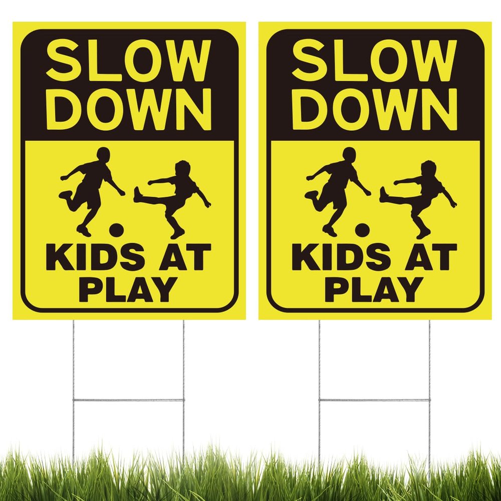 2 Pack Kids at Play Signs for Street with Metal Stake, Children at Play Safety Signs 16" x 12" for Street, Double-Sided Text and Graphics Easier to Identify, Slow Sign for Commercial Use Community