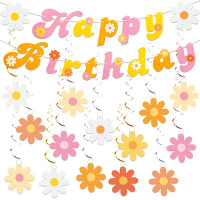 26 PCS Groovy Party Banners Boho Happy Birthday Decorations Daisy Flower Hanging Swirls Retro Hippie Ceiling Streamers for Two Groovy Retro Party Supplies