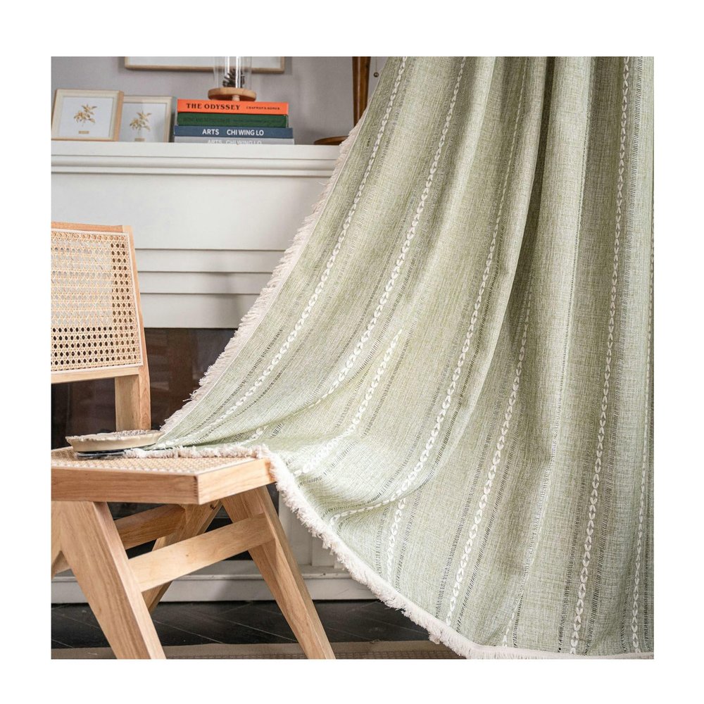 Gualiy Living Room Curtains Modern, Curtains for Bedroom Windows 2 Panels Stripes Embroidered Country Style Window Curtains Blackout 52 inch Width Green Thermal Curtains 102 inch Length
