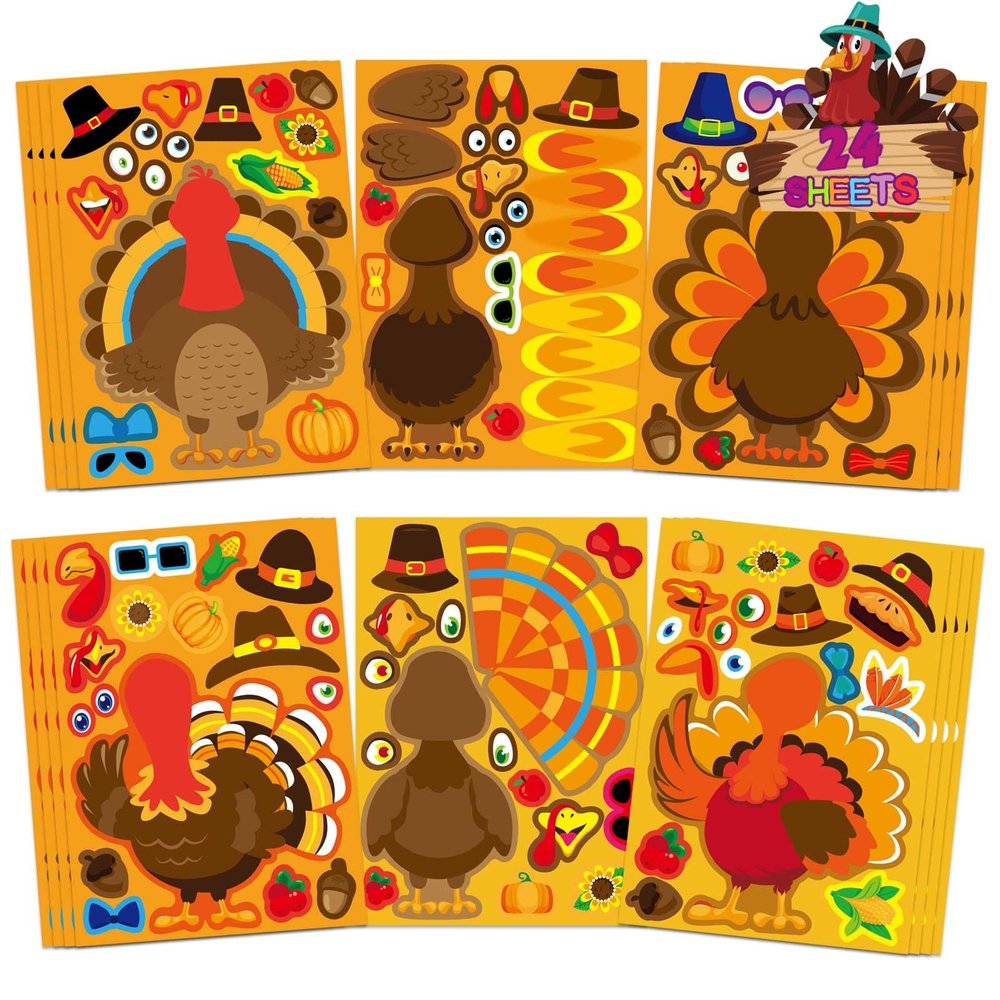 Make a Turkey Stickers 24PCS Thanksgiving Stickers for Kids Turkey Face Sticker Make Your Own Turkey Sticker Thanksgiving Party Favors DIY Crafts Stickers Classroom Teacher Reward