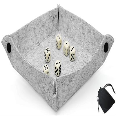 Cyber-Deals Dice Rolling Tray Portable Folding Grey Felt Mat + (6) Pip Dot Dice with Velvet Pouch Bundle Set (15mm Light Ivory, Rounded)