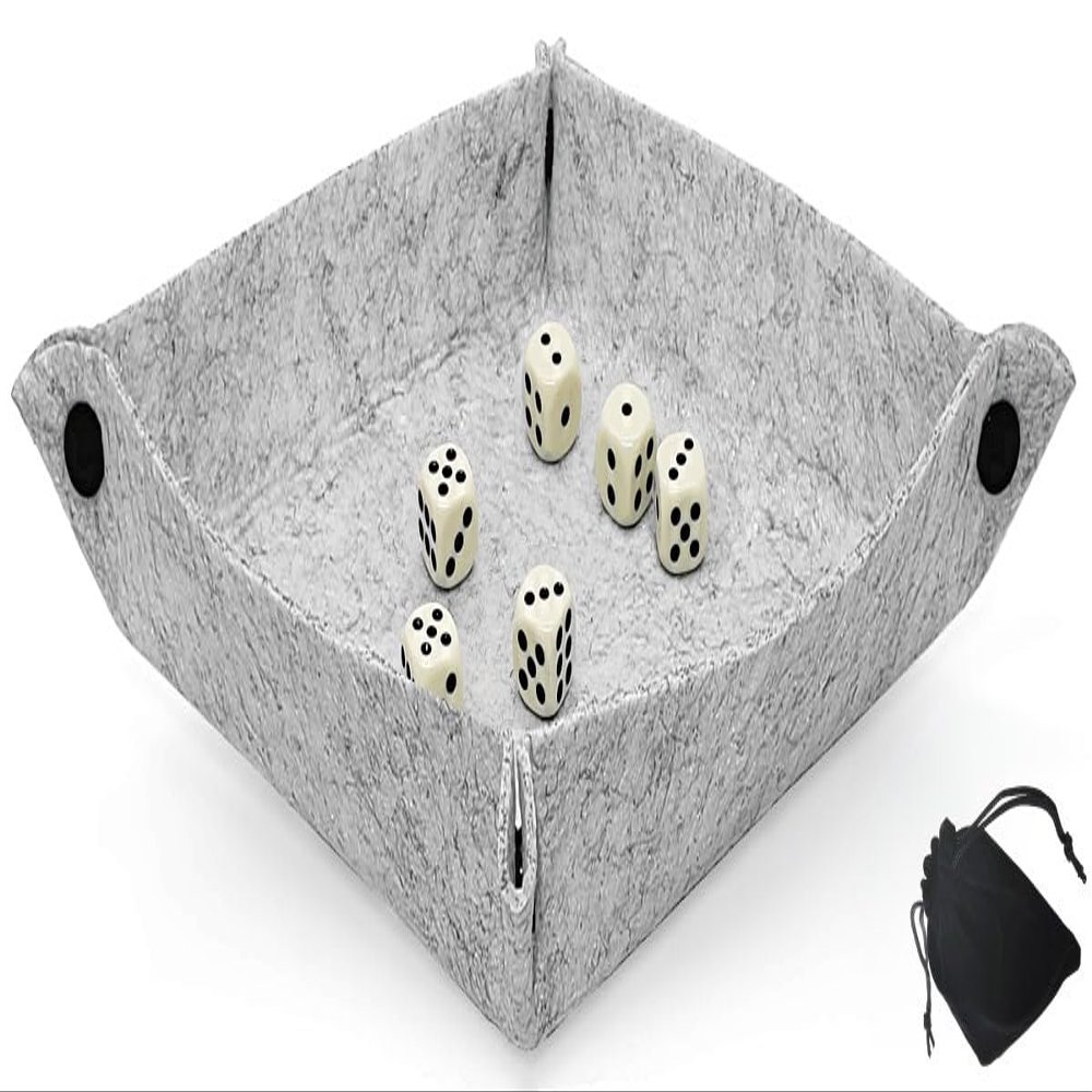 Cyber-Deals Dice Rolling Tray Portable Folding Grey Felt Mat + (6) Pip Dot Dice with Velvet Pouch Bundle Set (15mm Light Ivory, Rounded)