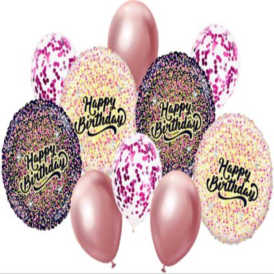 10 Piece Happy Birthday Pink and Gold Foil Balloon Bouquet