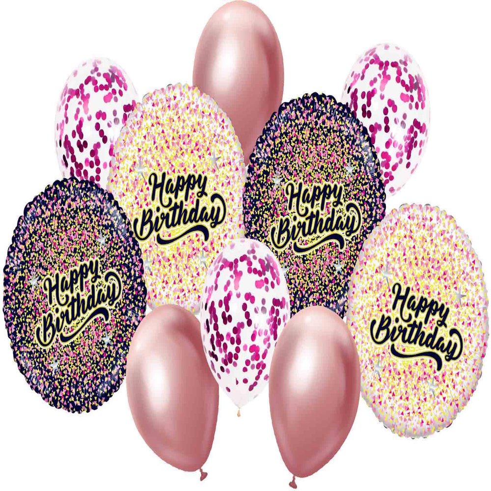 10 Piece Happy Birthday Pink and Gold Foil Balloon Bouquet