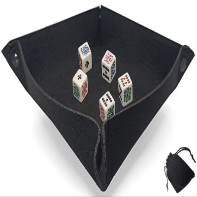 Cyber-Deals Dice Rolling Tray Portable Folding Felt Mat + (5) Poker Dice with Velvet Pouch Bundle Set [Black Tray, White Dice (Clubs Ace, Squared)]