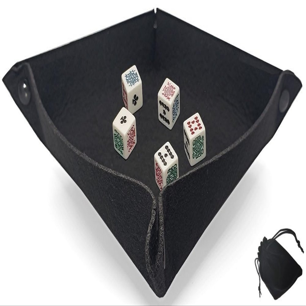 Cyber-Deals Dice Rolling Tray Portable Folding Felt Mat + (5) Poker Dice with Velvet Pouch Bundle Set [Black Tray, White Dice (Clubs Ace, Squared)]