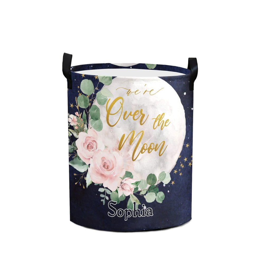 Custom Watercolor Moon Flower Storage Basket with Handles Personalized Name Waterproof Collapsible Laundry Baskets for Clothes