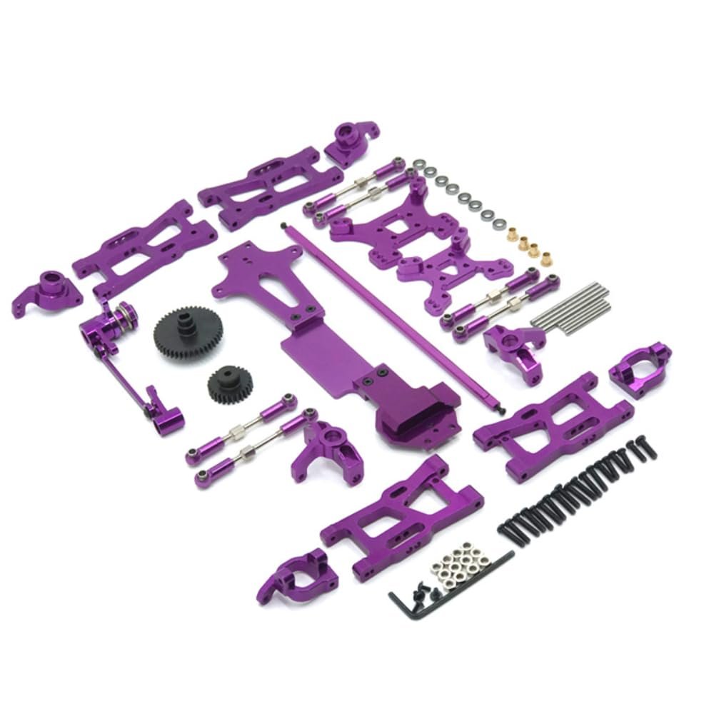 24PCs Metal C Seat Steering Cup Swing Arm Central Drive Shaft Pull Rod Second floor Board Shock Tower Board Gear for WLtoys 1:14 144001 144002 144010 RC Car Upgrade Spare Parts (Purple)