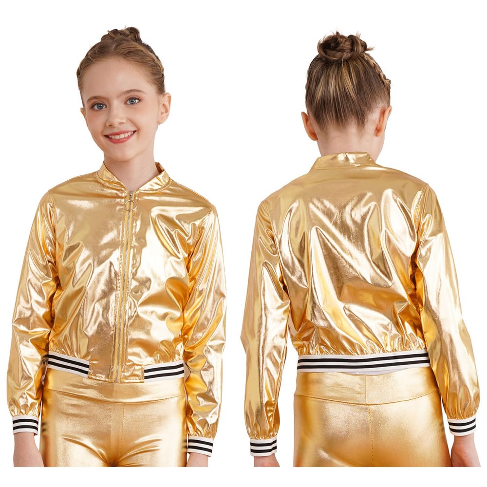 YiZYiF Kids Girls Boys Jazz Modern Dance Disco Costume Metallic Bomber Jacket Coat Top Zip Up Halloween Outerwear Gold 6 Years
