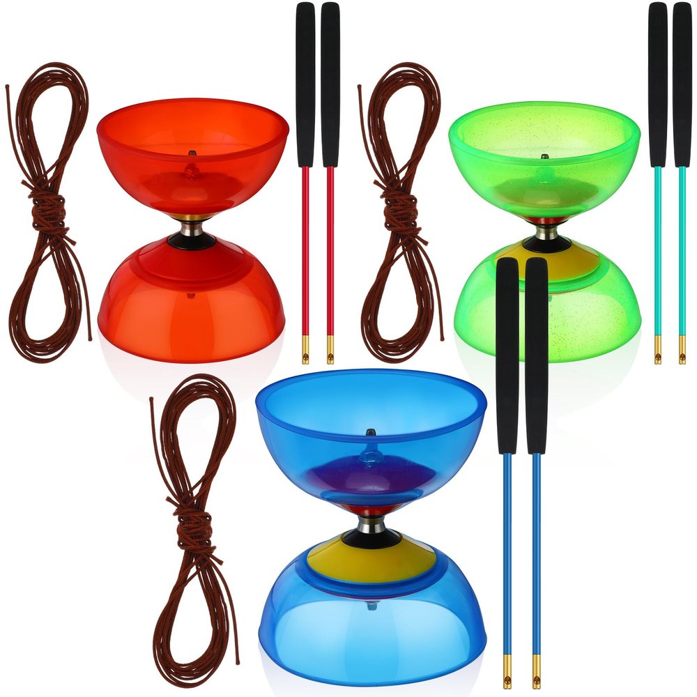 Lenwen 15 Pieces Chinese Yoyo Diabolo Set Includes 3 5 Inch Colorful Five Bearings Diabolo Balls with 6 Alloy Chinese Yoyo Sticks 6 String for Beginners, Red Green Blue